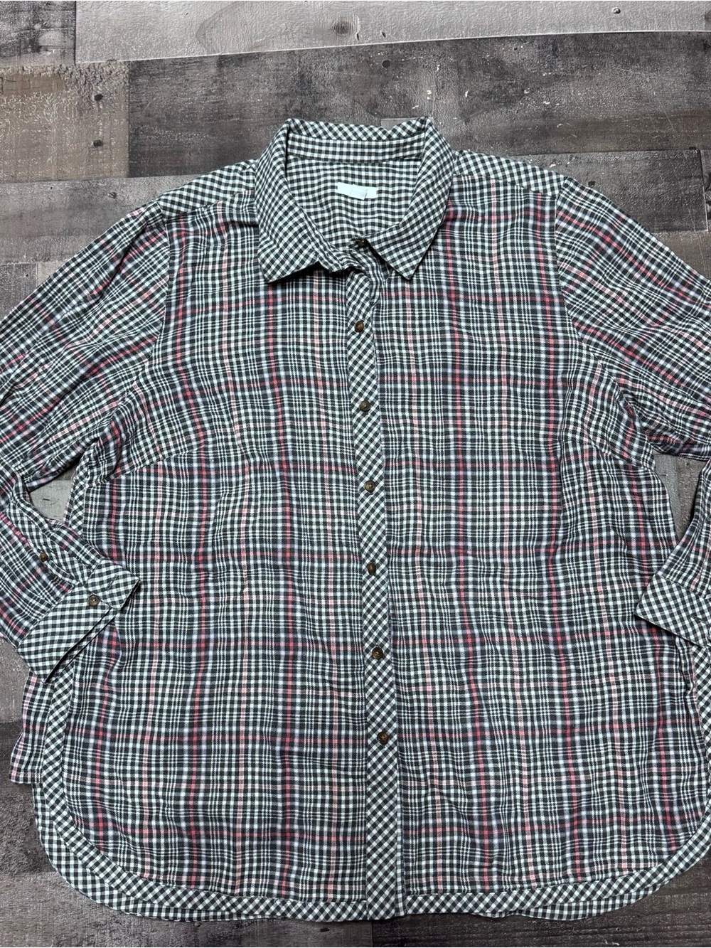 J.Jill 2X Plaid Gingham Button Down Shirt Black White Pink 100% Cotton